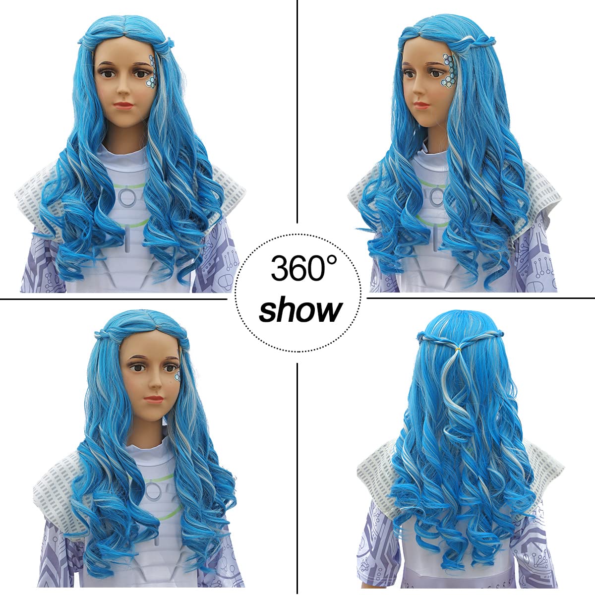 Zombies 3 Addison Alien Long Light Blue With Gray Cosplay Wig And Face Sticker For Girls And Kids